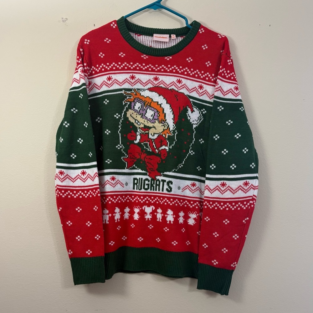 Nickelodeon Rugrats Christmas Sweater medium Chuckie green & red knitted cl